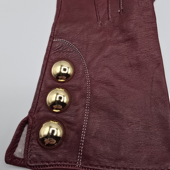 VTG Guder Maroon Leather Gloves Sz8 Silk Lined Gauntlet Gloves Gold Dome Buttons - Picture 8 of 15